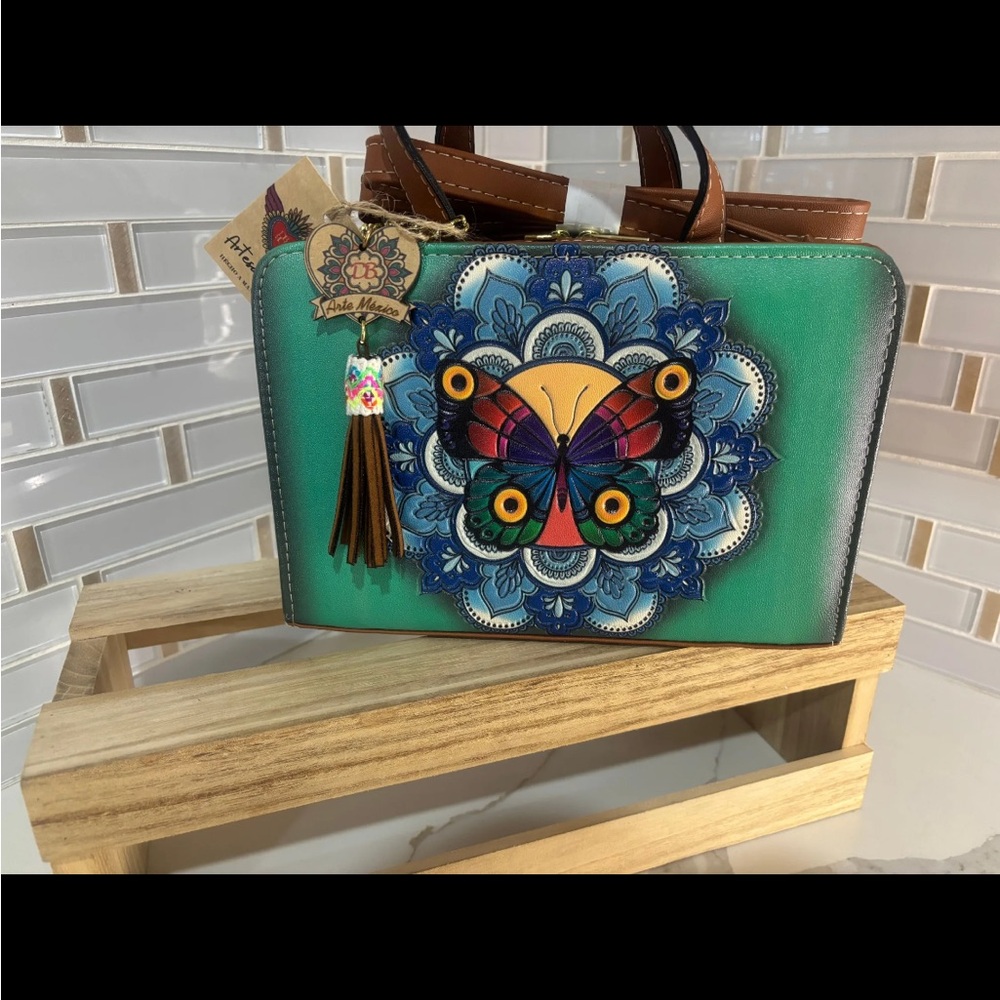 Mexican Artisan Hand tool and painted Handbag Green and Blue Butterfly